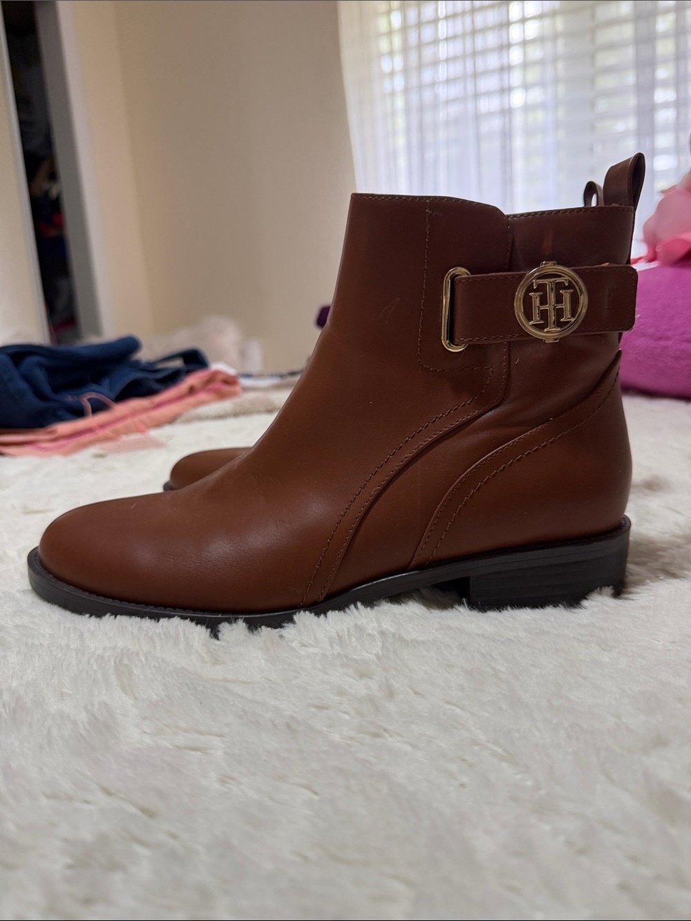 Tommy Hilfiger Cognac Leather Ankle Booties with Branded Buckle